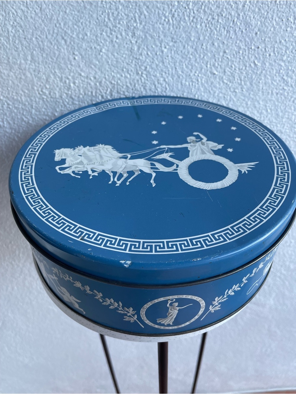 Blue Decorative Wedgwood-Style Round Tin with Classical White Relief